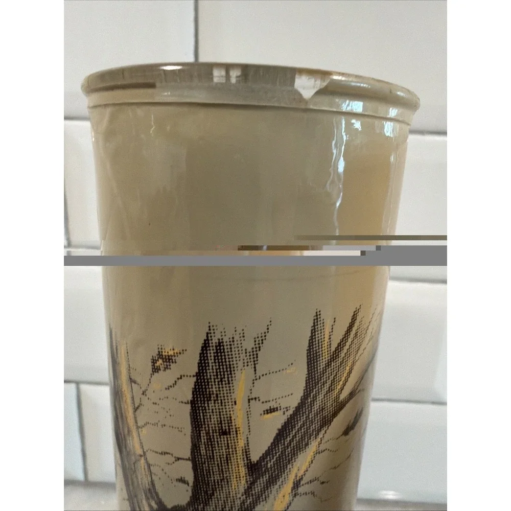 Vintage Set Of 2 Glass Pillar Candles Forest Covered Bridge Scenes